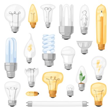 Ampul ampul fikir çözüm simgesi ve Elektrik Aydınlatma lambası cfl vektör veya beyaz arka plan üzerinde izole elektrik ve Floresan ışık illüstrasyon set yol açtı