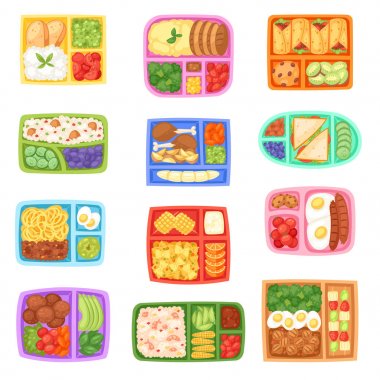 Lunch box vector school lunchbox with healthy food vegetables or fruits boxed in kids container illustration set of packed meal sausages or bread isolated on white background clipart