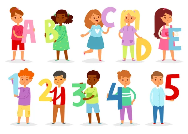아이 알파벳 벡터 만화 어린이 글꼴 및 소년 또는 소녀 캐릭터 지주 알파벳 문자 또는 숫자 그림 사전순으로 유치 한 글자 abcde 흰색 배경에 고립의 설정 — 스톡 벡터