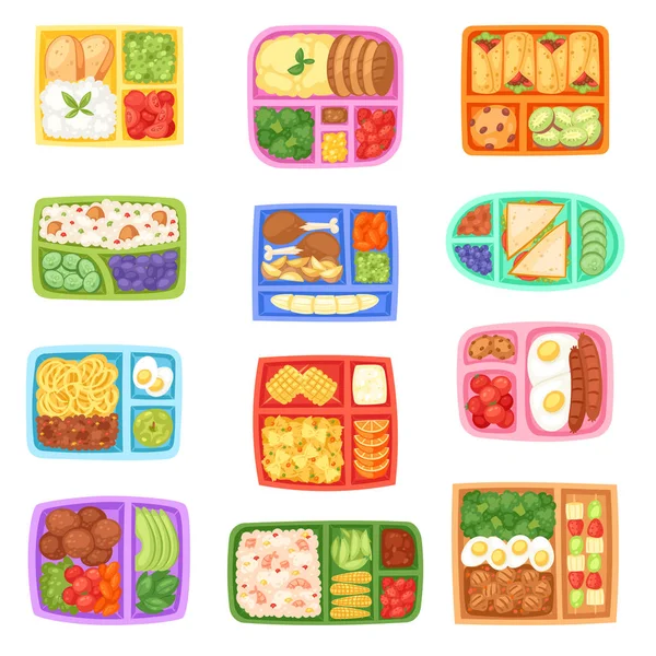 Pranzo scatola vettore scuola pranzo con alimenti sani verdure o frutta inscatolato in bambini contenitore illustrazione set di salsicce pasto confezionato o pane isolato su sfondo bianco — Vettoriale Stock