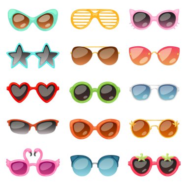 Glasses vector cartoon eyeglasses or sunglasses in stylish shapes for party and fashion optical spectacles set of eyesight view accessories illustration isolated on white background clipart