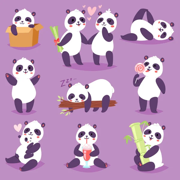 Panda vettore bearcat o orso cinese con bambù innamorato giocare o dormire illustrazione set di gigante panda lettura libro o mangiare gelato isolato su sfondo — Vettoriale Stock