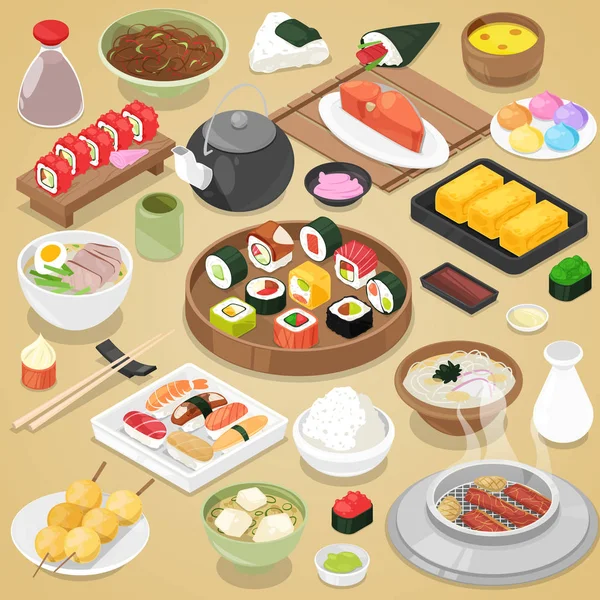 Vector de comida japonesa come sushi sashimi roll o nigiri y mariscos con arroz en Japón restaurante ilustración Cocina japonesa con palillos establecidos aislados en el fondo — Archivo Imágenes Vectoriales