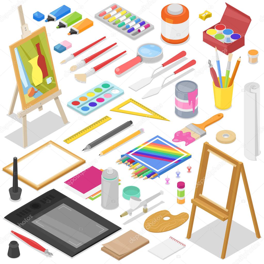 Artist tools vector watercolor with paintbrushes palette and color paints on canvas for artwork in art studio illustration artistic painting set isolated on background