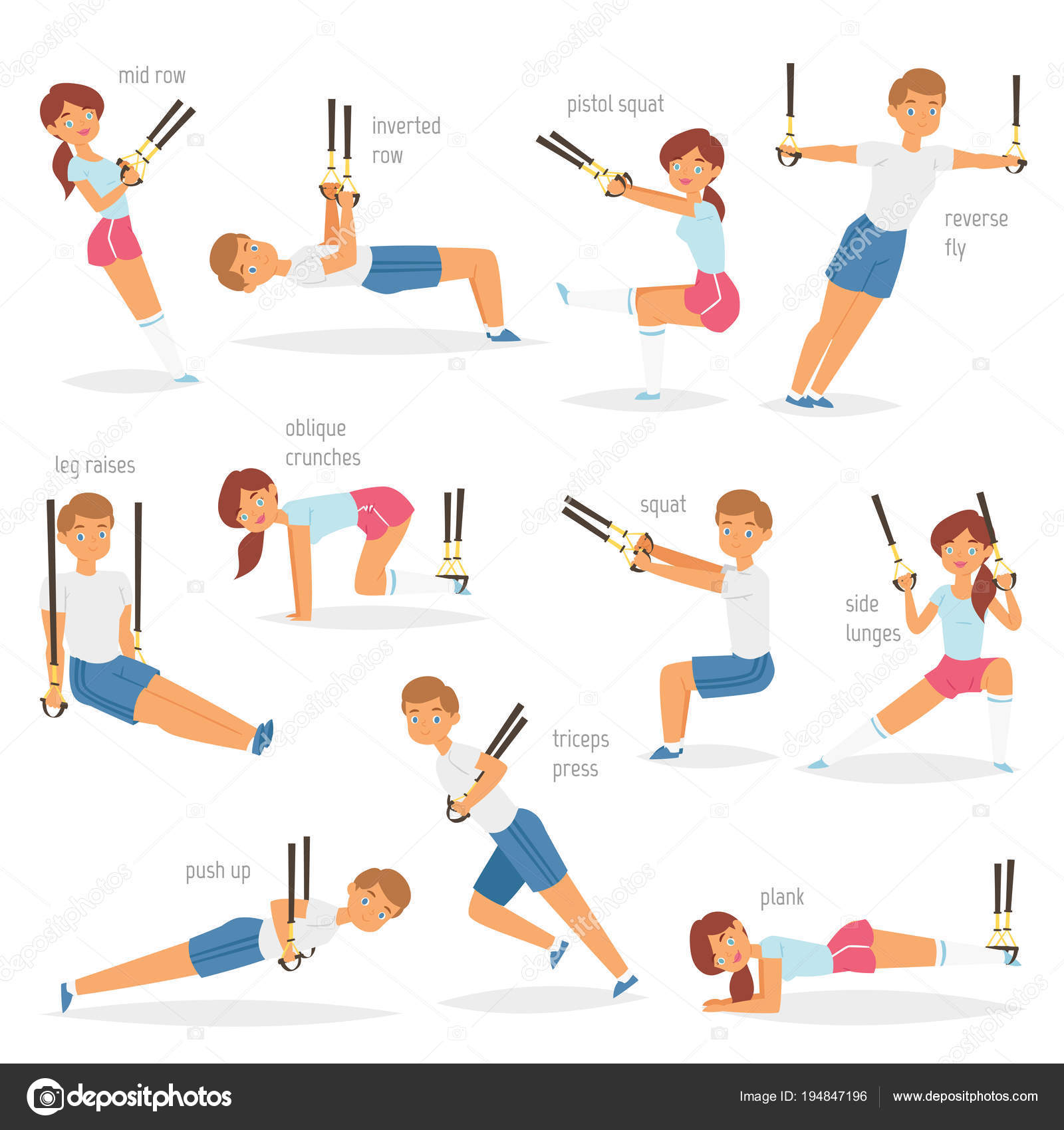 Fitness trx Übungen Vektor Sportler Charakter Frau oder Mann trainieren in  der Turnhalle für Training oder Sport Training Illustration Satz von  sportlichen Menschen in Sportbekleidung mit Trägern isoliert auf weißem  Hintergrund Stock-Vektorbild