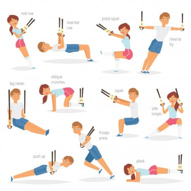Sporcu karakter kadın ya da erkek beyaz arka plan üzerinde izole askıları ile egzersiz ya da spor eğitim illüstrasyon kümesi için sportif insanlar spor salonunda egzersiz Fitness trx egzersizleri vektör