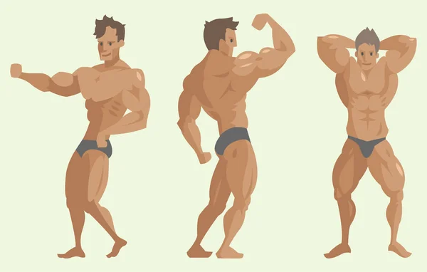Bodybuilder sportsman vector characters muscular bearded man fitness male strong athlets model posing bodybuilding sport gym cartoon style illustration — Stock Vector