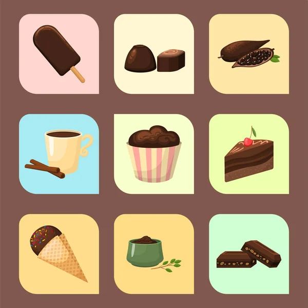 Chocolate varios dulces sabrosos y dulces dulce marrón delicioso gourmet azúcar cacao snack vector ilustración — Archivo Imágenes Vectoriales