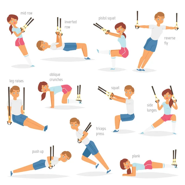 Fitness trx exercices vecteur sportif personnage femme ou homme faisant de l'exercice dans la salle de gym pour l'entraînement ou la formation sportive illustration ensemble de sportifs en vêtements de sport avec des sangles isolées sur fond blanc — Image vectorielle