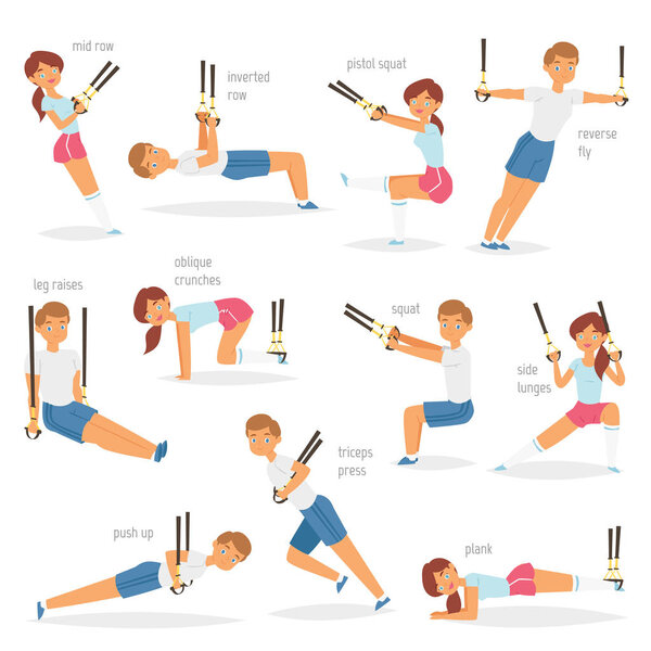 Fitness trx exercises vector sportsman character woman or man exercising in gym for workout or sport training illustration set of sportive people in sportswear with straps isolated on white background