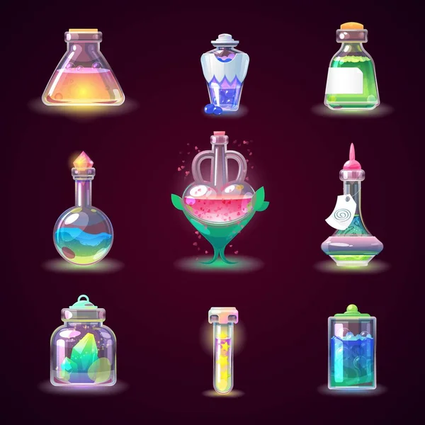 Bouteille magique vecteur jeu magique potion en verre ou poison liquide boisson d'alchimie ou de chimie illustration ensemble de magnifique élixir en phial isolé sur fond — Image vectorielle