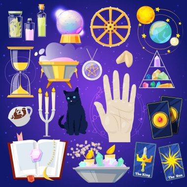 Vektör servet ya da şanslı sihirli sihirbaz Astroloji ya da arka plan üzerinde izole mistik işaret kartları ve mumlar illüstrasyon dizi söylüyorum servet