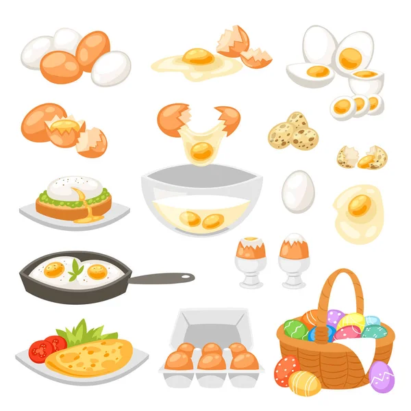 Alimenti pasquali vettore di uova e albume d'uovo sano o tuorlo in tazza d'uovo o frittata di cottura in padella per la prima colazione illustrazione set di guscio d'uovo o ingredienti a forma di uovo isolati su sfondo bianco — Vettoriale Stock