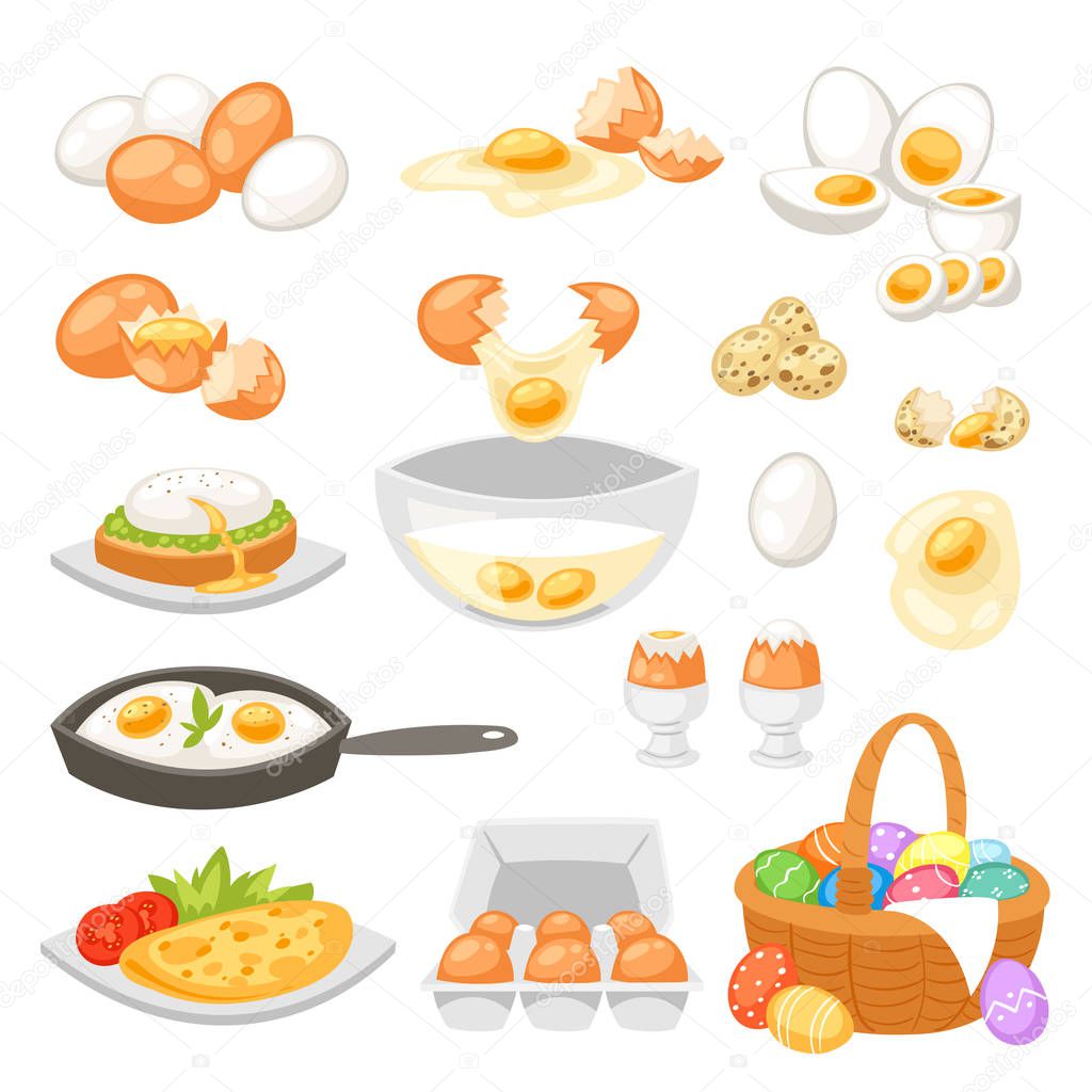 Egg vector easter food and healthy eggwhite or yolk in egg-cup or cooking omelette in frying pan for breakfast illustration set of eggshell or egg shaped ingredients isolated on white background