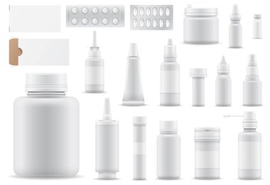 Eczane vektör tıp uyuşturucu ya da hap kapsayıcı veya mockup şişe illüstrasyon ilaç veya İlaç sanayii set içinde tıbbi tedavi ya da beyaz arka plan üzerinde izole sağlık