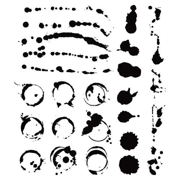 Διάνυσμα σύνολο μελάνι πιτσιλιές blots πιτσιλίσματα συλλογή grunge design στοιχείο και τέχνη ακατάστατο σκηνικό χρώμα βρώμικο υγρό σχήμα ψιχάλα μαύρο Λευκή σιλουέτα εικονογράφηση — Διανυσματικό Αρχείο