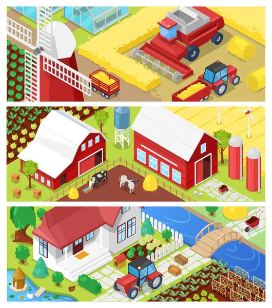Bauernhof Vektor Landwirtschaft auf Feldern und Bauernhaus Illustration landwirtschaftliche Set von Bauernhaus auf Ackerland oder Hof Wiese Landschaft Hintergrund — Stockvektor