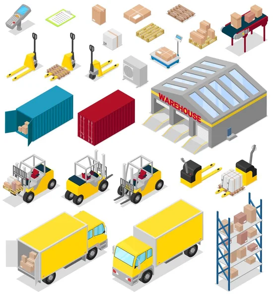 Almacén de distribución vectorial de la industria de almacenamiento en almacén industrial de la ilustración del almacenista conjunto de entrega de la empresa de carga aislado sobre fondo blanco — Archivo Imágenes Vectoriales