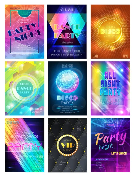 Party vector pattern disco club or nightclub poster background and night clubbing or nightlife backdrop illustration set of dancing and glittering discoball template — Stock Vector