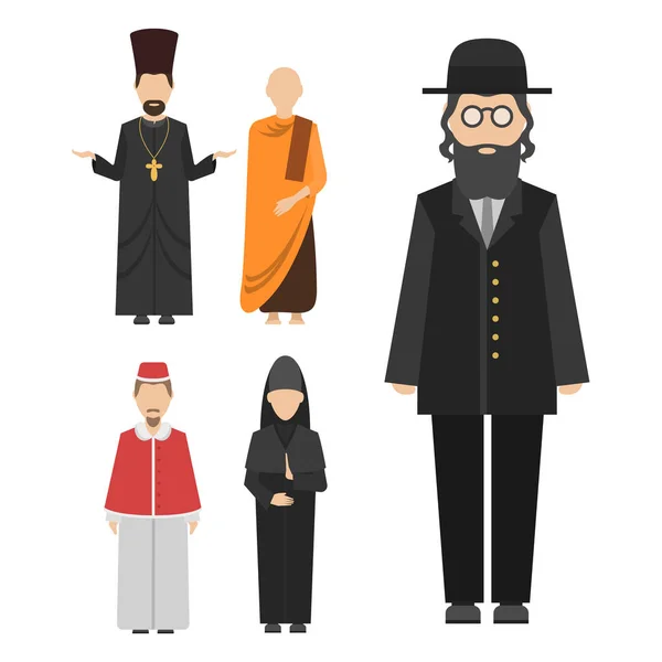 Religion people characters vector group of different nationalities human wearing traditional clothes — Stock Vector