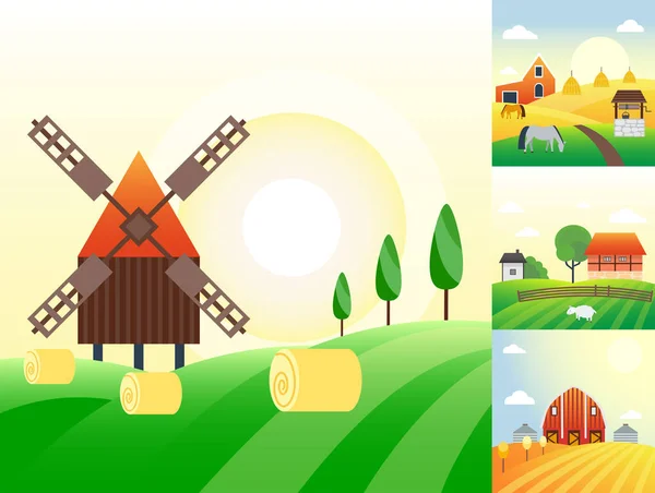 Granja agricultura banner paisaje rural productos granero viejo y campo dibujos animados vector ilustración . — Vector de stock