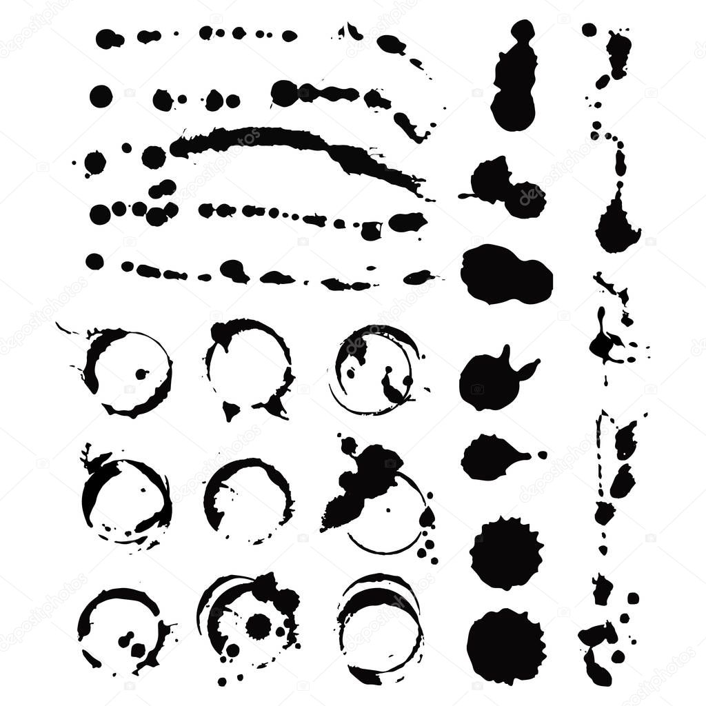 Vector set of ink splashes blots splatter collection grunge design element and art messy backdrop color dirty liquid shape spatter black white silhouette illustration