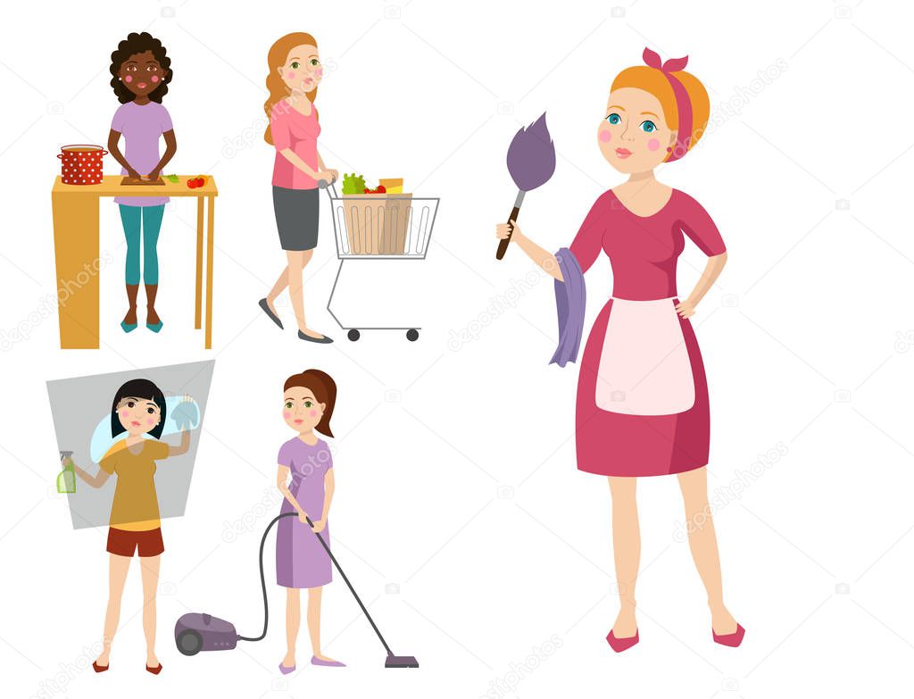 Housewifes homemaker woman cute cleaning cartoon girl housewifery female wife character vector illustration.