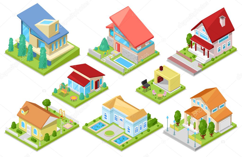 House vector isometric housing architecture or residential home illustration set of housekeeping building exterior or cottage construction isolated on white background