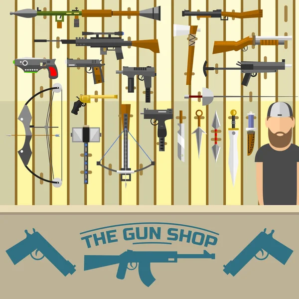 Vapen banner med män att välja pistol och skjuter på avgifter vektorillustration — Stock vektor