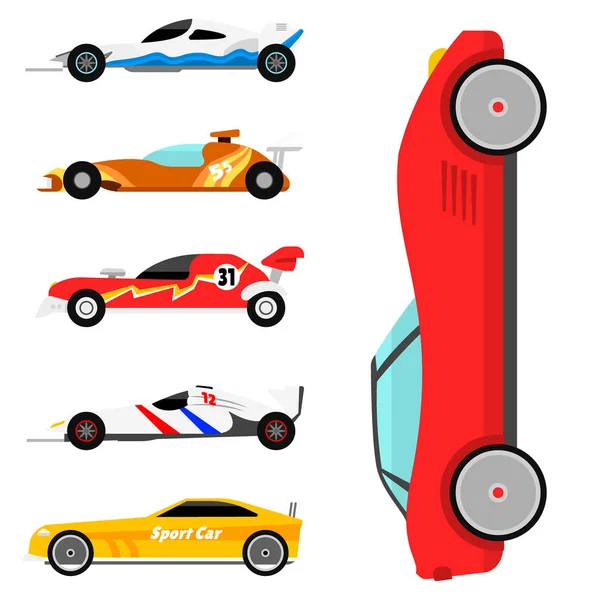 Sport snelheid auto- en offroad rally auto kleurrijke snelle motor race auto bestuurder vervoer motorsport vectorillustratie. — Stockvector