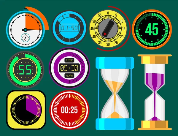 Zegar zegarki wektor zegar kolorowe pomiaru narzędzi numer informacji cyfrowych stoper ilustracja — Wektor stockowy