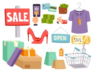 Müşteriler arabaları sepetleri gıda ve ticaret ürünleri illüstrasyon ile Retro karikatür Icons set süpermarket vektör mağaza mağaza bakkal alışveriş