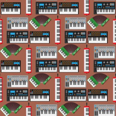 Klavye müzik aletleri klasik piyano melodi studio akustik parlak müzisyen ekipman elektronik ses Dikişsiz desen arka plan illüstrasyon vektör.