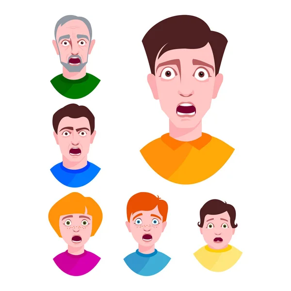 Mensen horror gezichten vector buitengewoon verbaasd jonge schok portret bang karakter emoties bang expressie persoon met open mond illustratie. — Stockvector