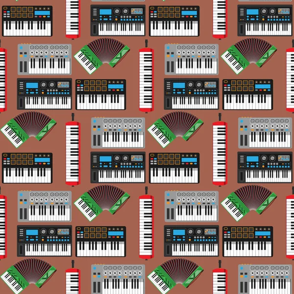 Teclado instrumentos musicales vector clásico piano melodía estudio acústico brillante músico equipo electrónico sonido inconsútil patrón fondo ilustración . — Vector de stock