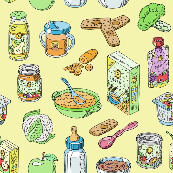 Babynahrung Vektor Kind gesunde Ernährung und Gemüsepüree im Glas Illustration Set von frischem Saft mit Früchten Äpfel für die Kinderbetreuung Gesundheit nahtlose Muster Hintergrund — Stockvektor