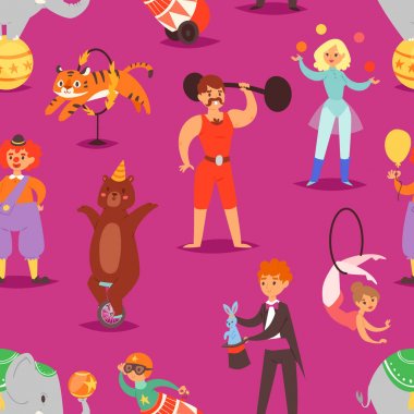 Acrobat ve palyaço sihirbaz bir sirk çadırının illüstrasyon kümesindeki eğitimli hayvanlar karakterlerle ve circusman fil veya ayı Dikişsiz desen arka plan ile sirk insanları vektör