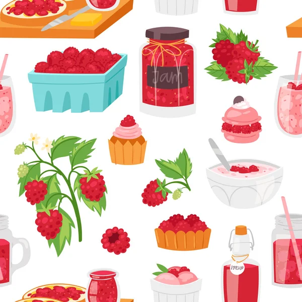 Raspberry vector berrying rijpe rode bes voor vers sap of sappige jam en zoet dessert taart of cupcake met ijs illustratie berrylike set naadloze patroon achtergrond — Stockvector