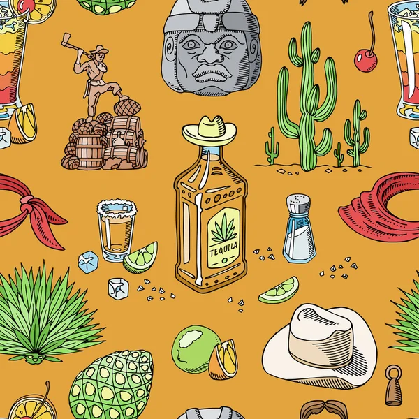 Tequila shot vector mexican alcohol in bottle drink with lime and salt in taqueria in México illustration set of tropical beverage and cactus seamless pattern background — Archivo Imágenes Vectoriales