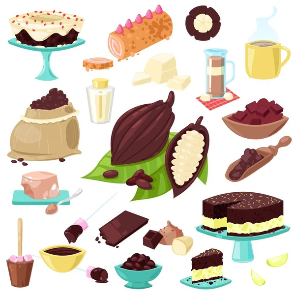 Шоколадний векторний чоко солодка їжа з какао-бобів або какао-порошку для напоїв ілюстрація набір тропічних фруктів і торта або кондитерських виробів ізольовані на білому тлі — стоковий вектор