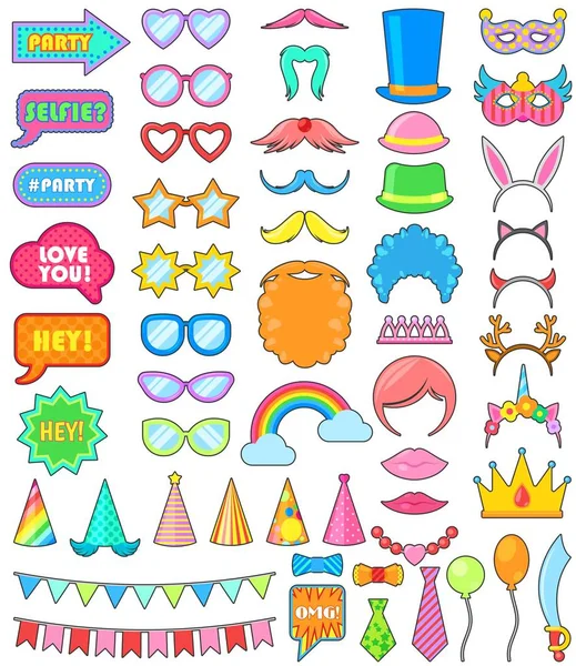 Fiesta de cumpleaños icono vector aniversario dibujos animados niños feliz nacimiento celebración con gafas divertidas máscaras y sombreros de cumpleaños o pelucas para niños o adultos conjunto ilustración aislado sobre fondo blanco — Vector de stock