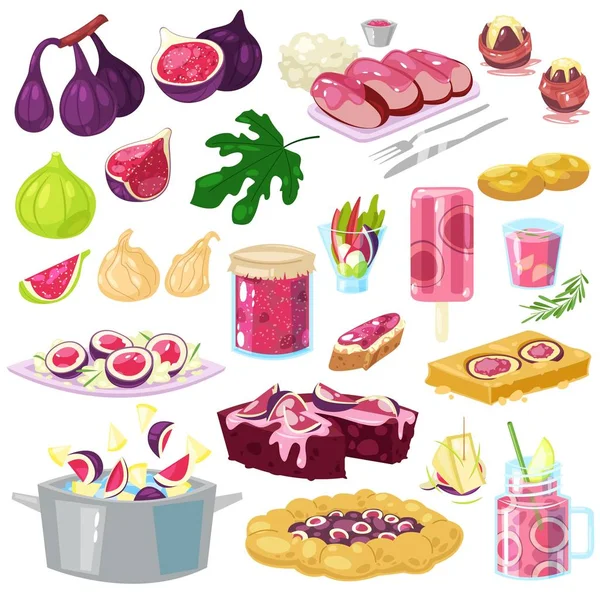 Feigenvektor figurierte Früchte und frischer fruchtiger Saft oder natürliche Marmelade für süßes Dessert Illustration Set von Frische Lebensmittel und Getränke isoliert auf weißem Hintergrund — Stockvektor