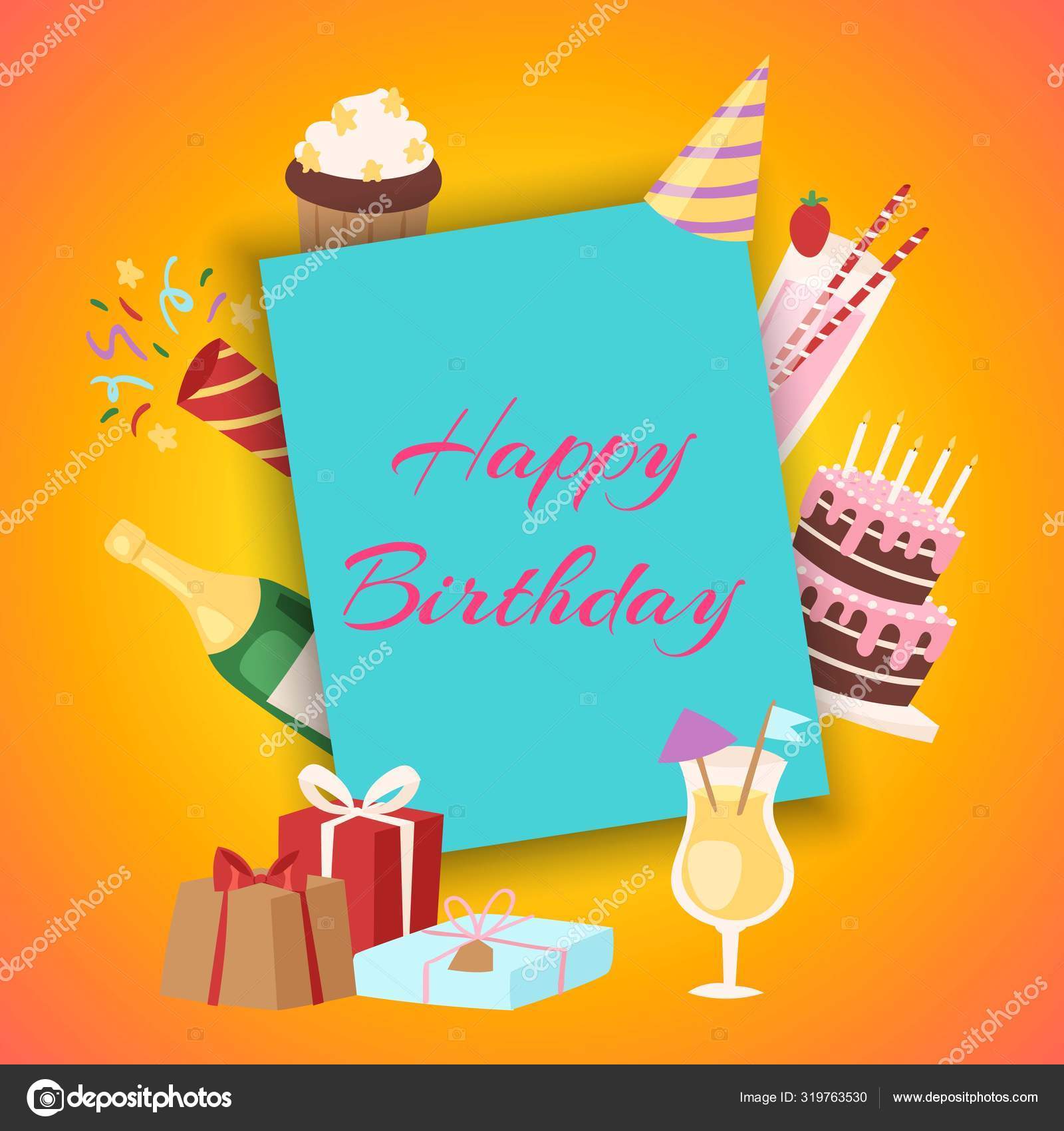 Happy birthday party invitation vector illustration. Birthday cake with
