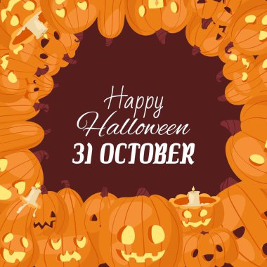 Cadılar Bayramı balkabakları Jack o Fener ve kötülük vektör illüstrasyonuyla yüzleşir. 31 Ekim 'de Cadılar Bayramı için çizgi film karakterleri balkabağı fenerleri..