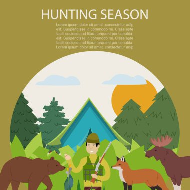 Orman avı vektör illüstrasyonunda hayvan avlamak. Vahşi hayvanlar için av mevsiminde av tüfeği ve ördek ganimeti taşıyan avcı adam..