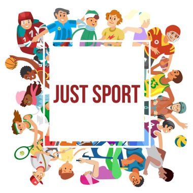 Spor karikatürü insanları vektör çerçevesi. Futbol, voleybol, basketbol, karate, atletizm oynayan insanların veya çocukların tasviri. Afişler için sporcular ve sporcu kadınlar konsepti.