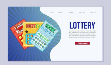 Loto web şablonu, vektör çizimi. Milyon kazan. Çizgi film piyango biletleri eski mavi arka planda. Çekiliş web sitesi sayfası ve mobil uygulama tasarımı.