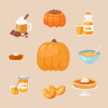 Balkabağı tabak vektör çizim çizimi. Menü afişi, balkabağı turtası, çorba, meyve suyu ve reçelli vejetaryen unsurlar. Balkabağı kafa ve yemek koleksiyonu seti.