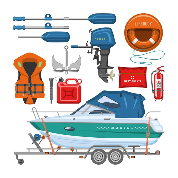 带救生衣救生圈桨锚的船用设备矢量快艇（英语：vector motorboat yacht）（英语：vector motorboat yacht with life-vest lifebuoy paddle anchor）（英语：Life-vest lifebuoy paddle anchor）（英语：Marine set of nautical sailing boat）航海船游艇或快艇航运（英语：speed boat shipping）在白色背景下隔离 — 图库矢量图片