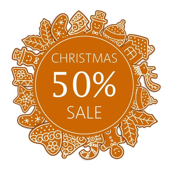 Christmas sale banner made of gingerbread cookies vector illustration. Traditional Christmas homemade gingerbread sweets sale discount. Best for sweets shops and cafe. — Stock Vector